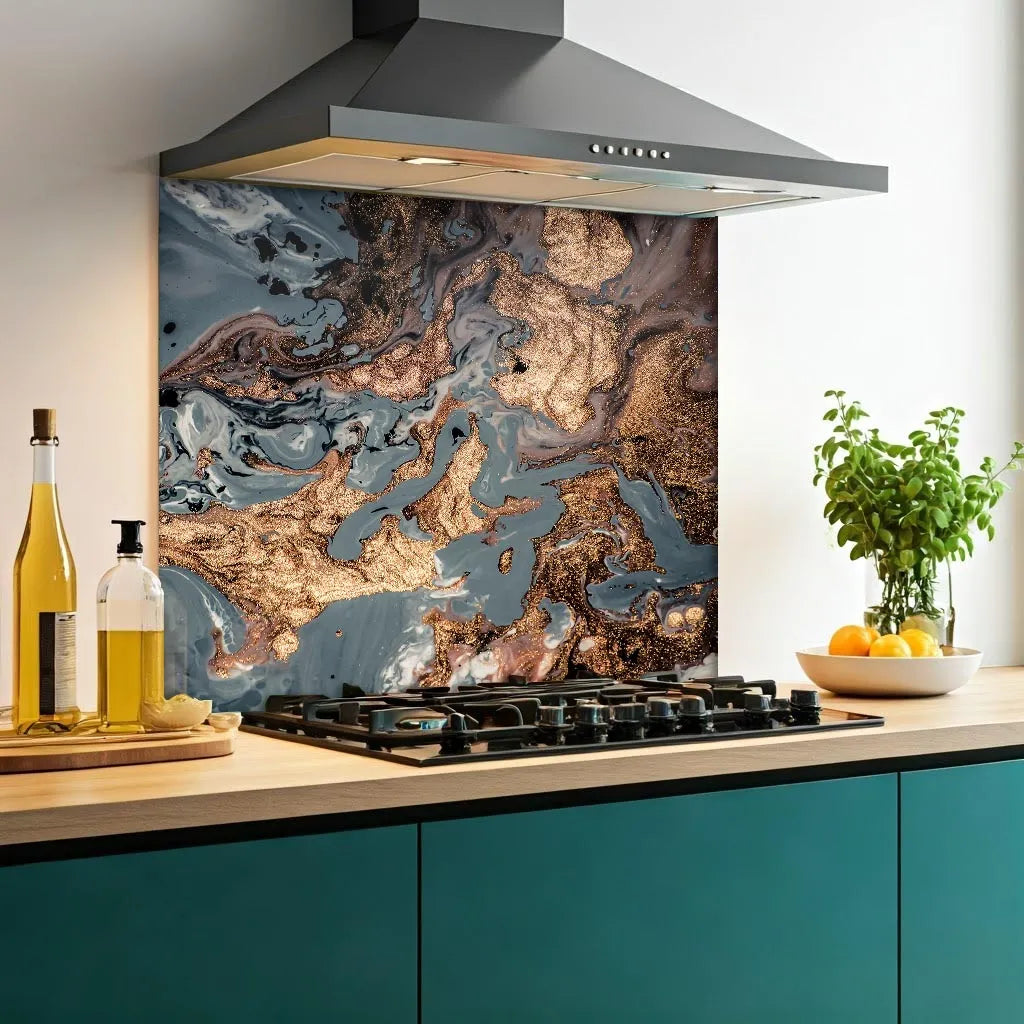 Gold & Blue Deluxe Marble Effect Glass Splashback