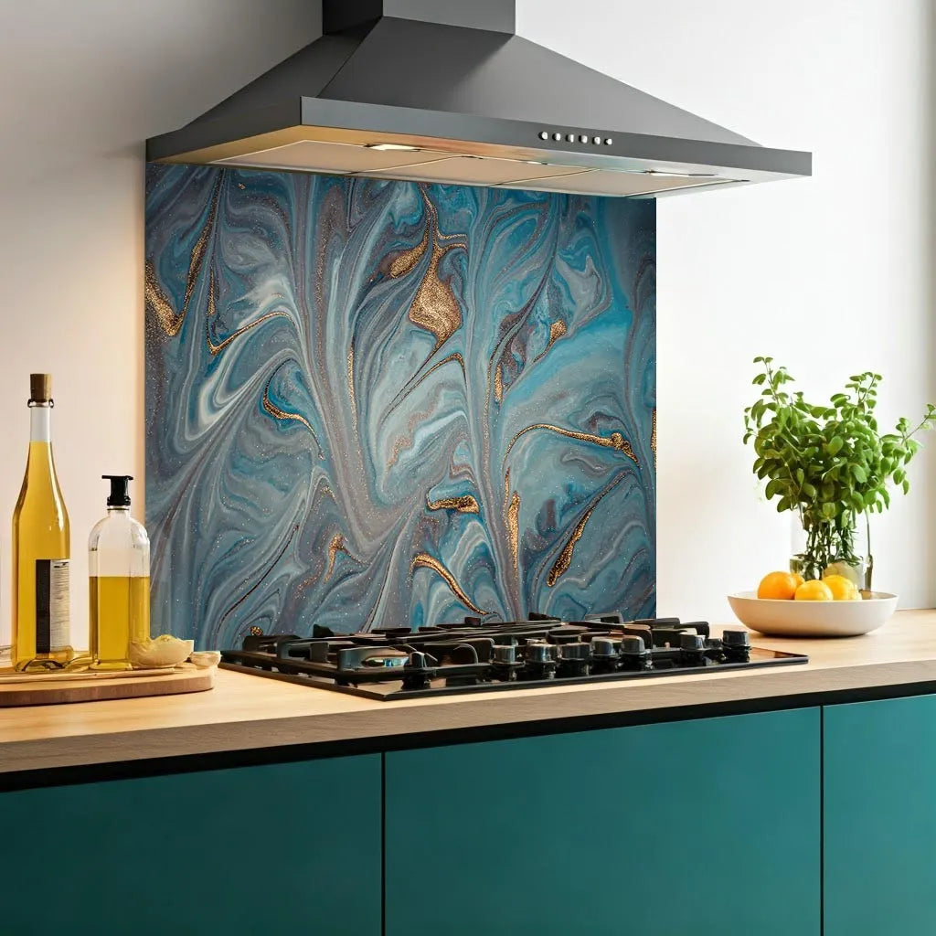 Blue & Gold Deluxe Marble Effect Glass Splashback