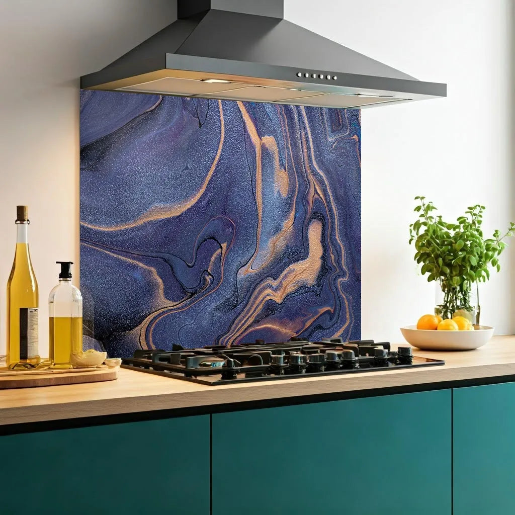 Blue Shimmer Dark Blue & Gold Marble Effect Glass Splashback