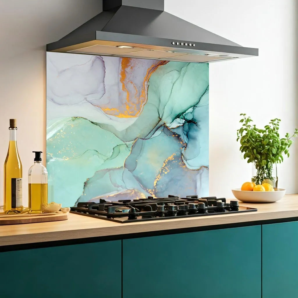 Gold & Aqua Marble Effect Glass Splashback