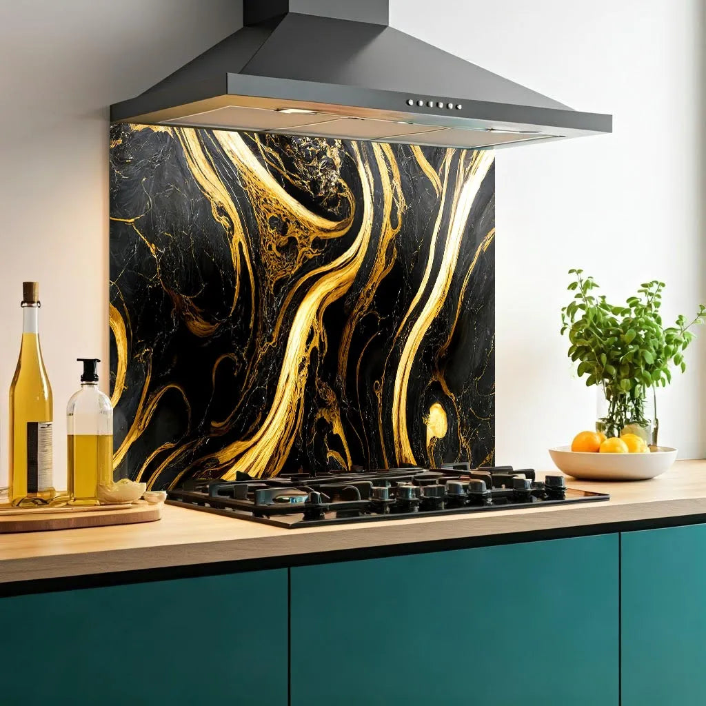 Gold Black Swirls Glass Splashback
