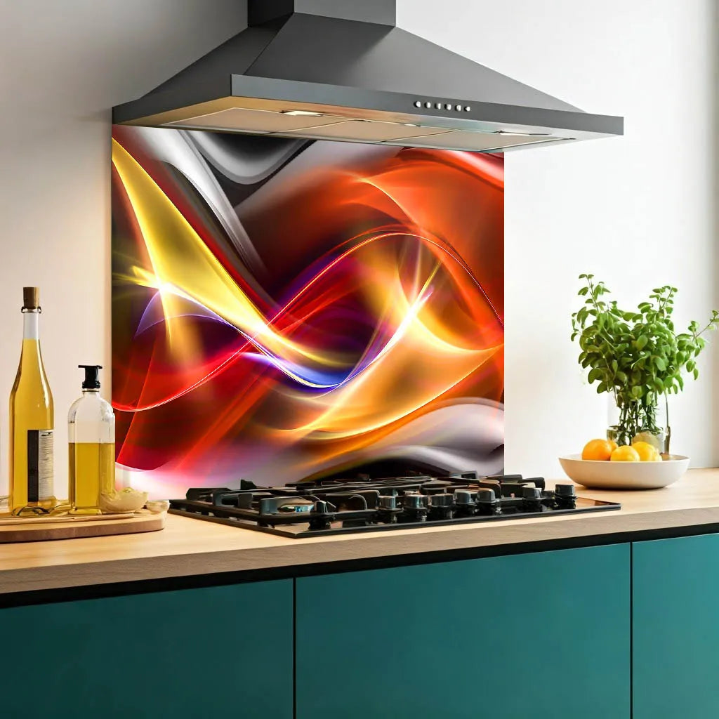 Red Gold Waves Glass Splashback