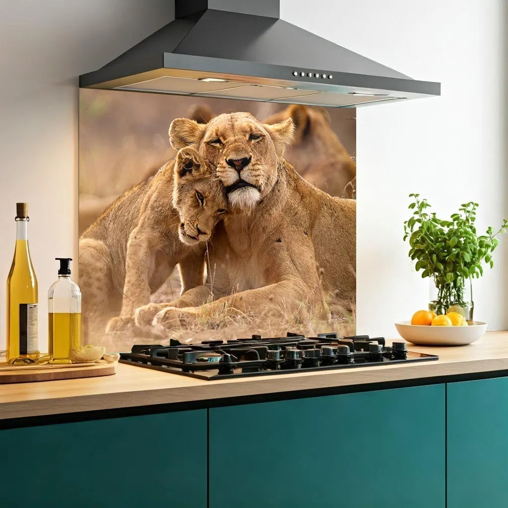 Lion Cuddles Glass Splashback