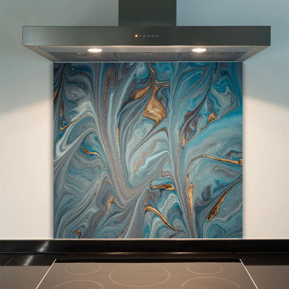 Blue & Gold Deluxe Marble Effect Glass Splashback