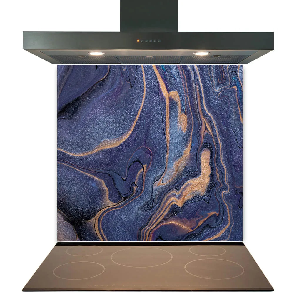 Blue Shimmer Dark Blue & Gold Marble Effect Glass Splashback