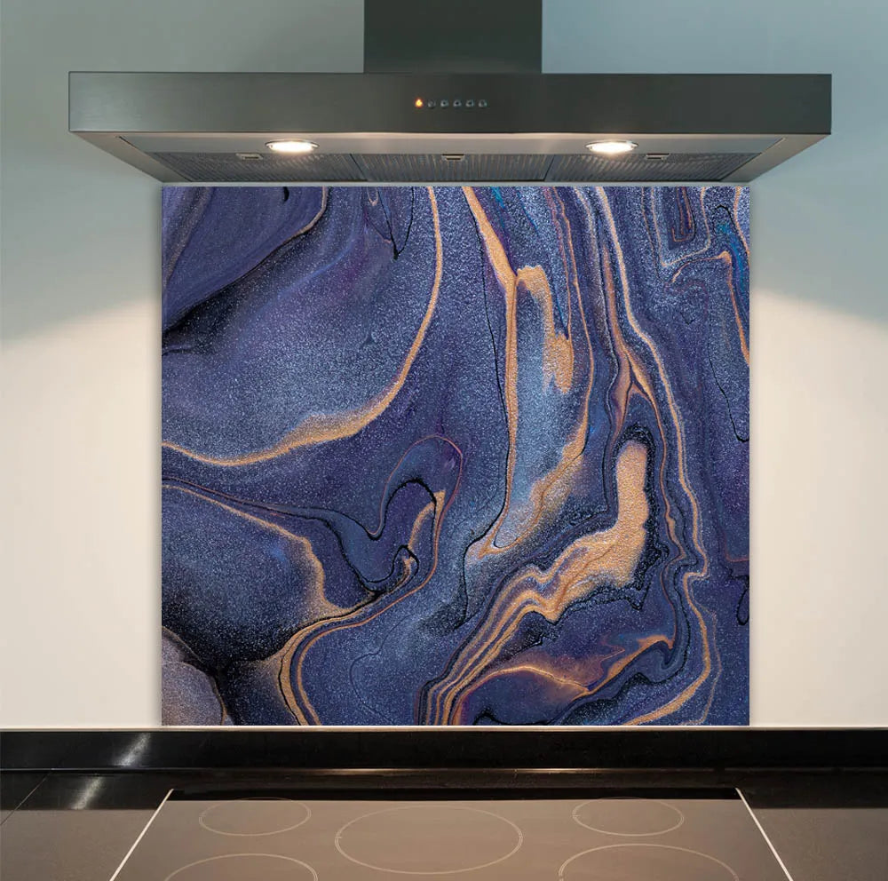 Blue Shimmer Dark Blue & Gold Marble Effect Glass Splashback