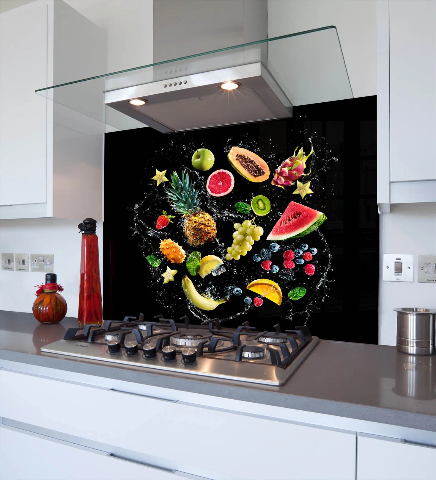 Black Fruit Splash Glass Splashback