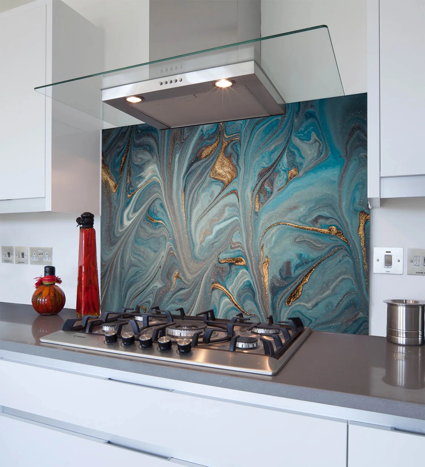 Blue & Gold Deluxe Marble Effect Glass Splashback