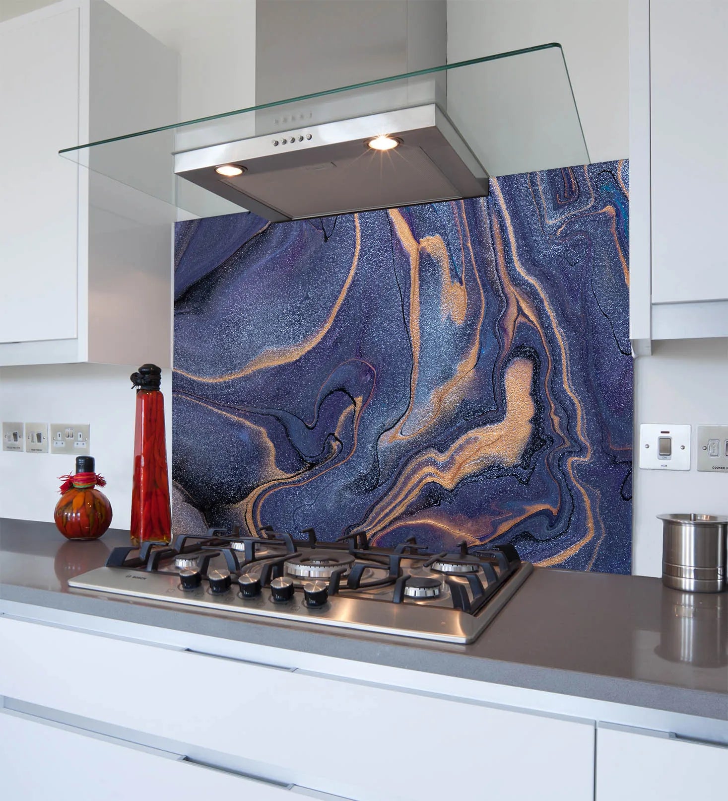 Blue Shimmer Dark Blue & Gold Marble Effect Glass Splashback