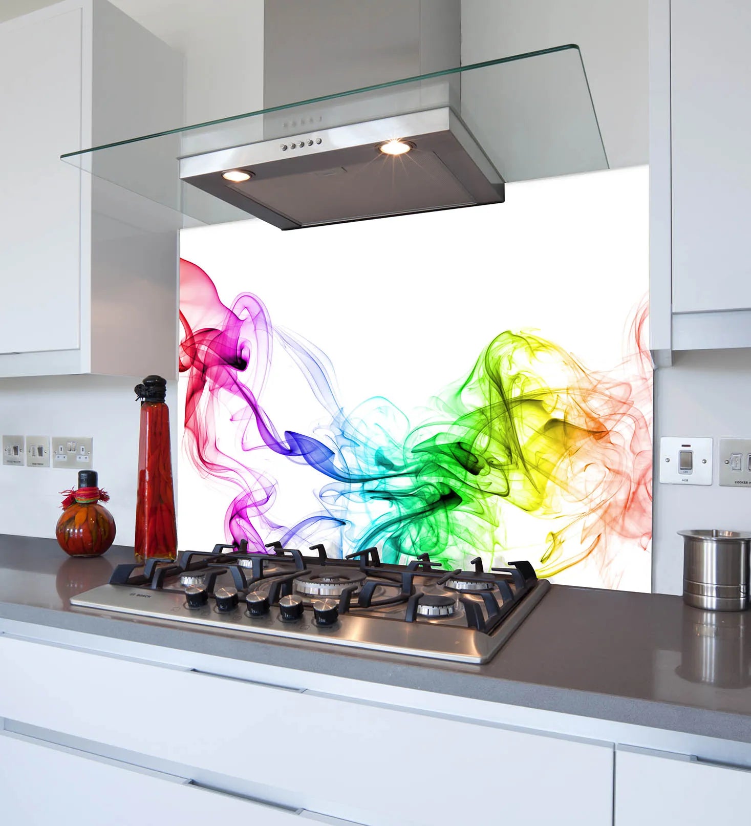 Coloured Smoke White Glass Splashback