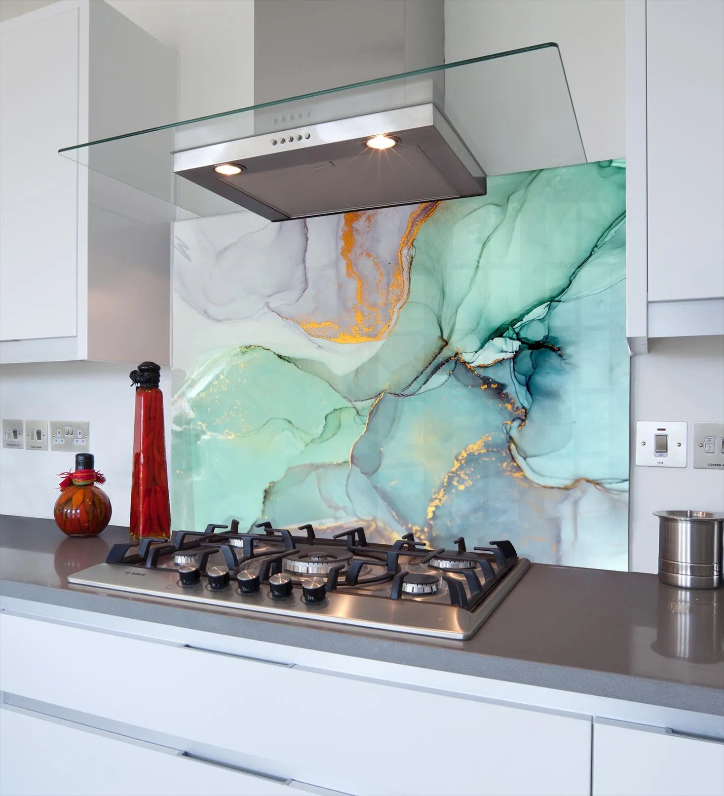 Gold & Aqua Marble Effect Glass Splashback