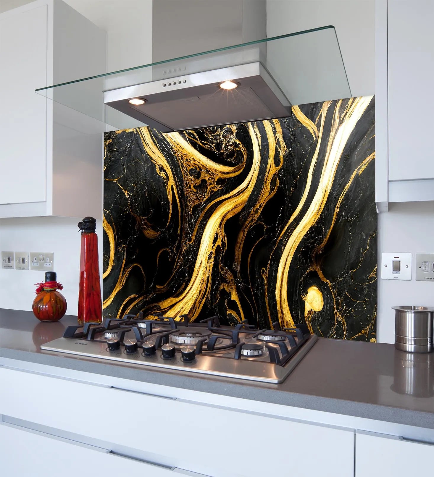 Gold Black Swirls Glass Splashback