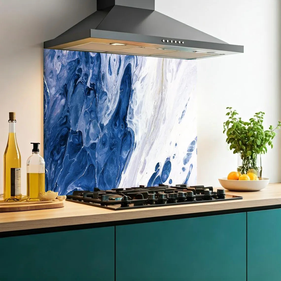 Blue White Abstract Glass Splashback