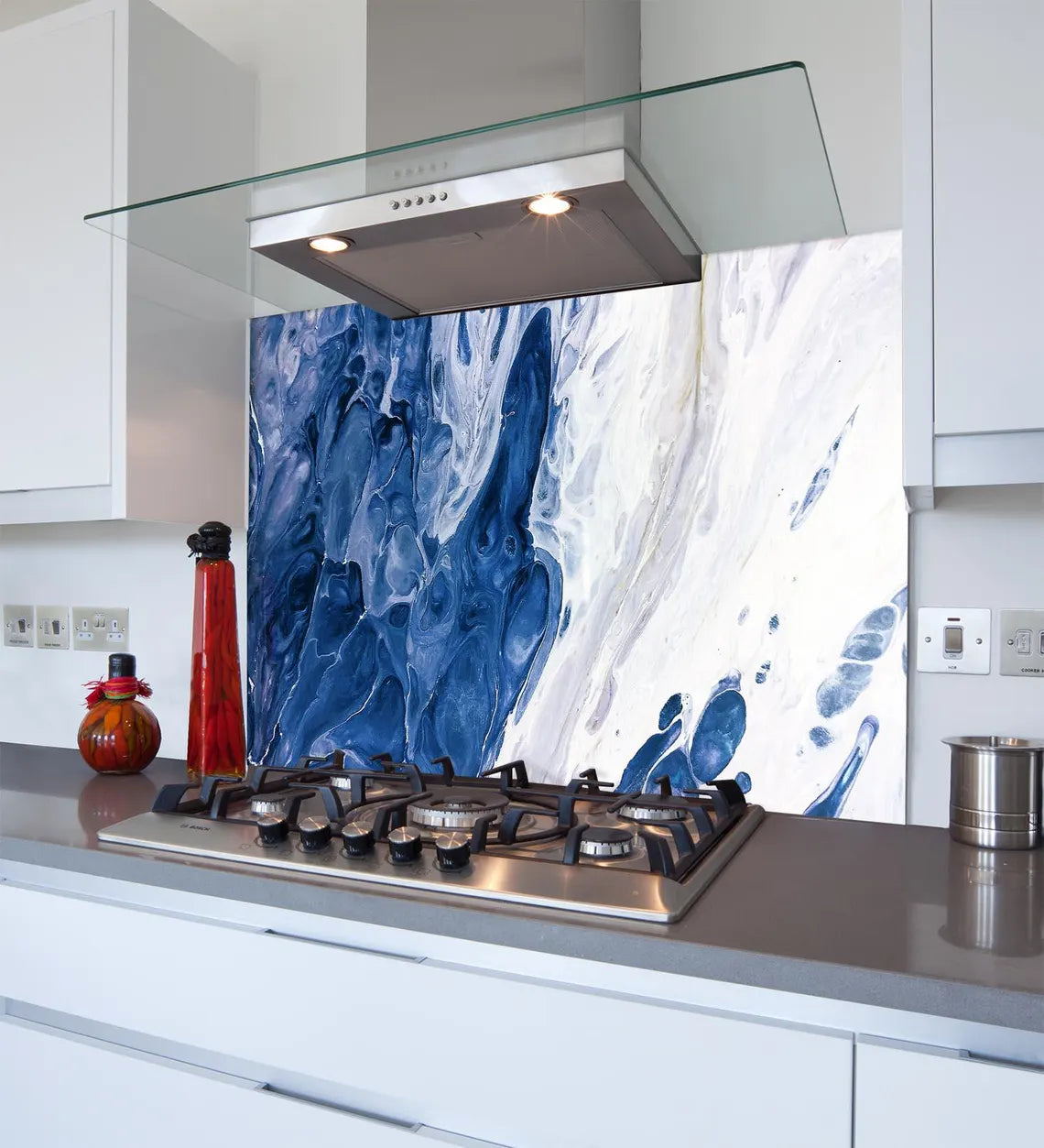 Blue White Abstract Glass Splashback