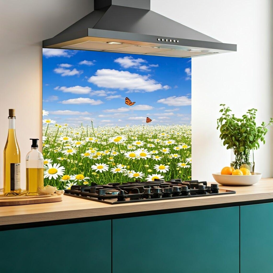 Butterfly Daisies Glass Splashback