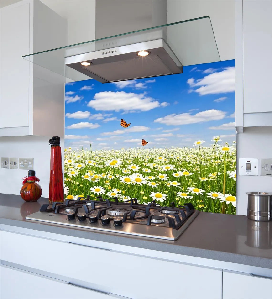 Butterfly Daisies Glass Splashback