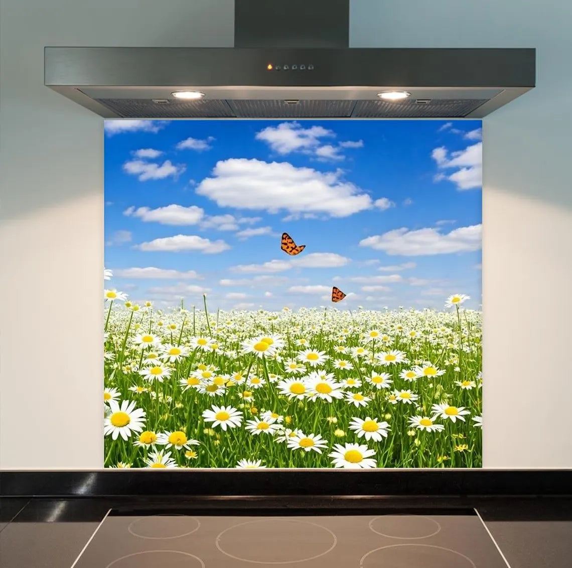 Butterfly Daisies Glass Splashback