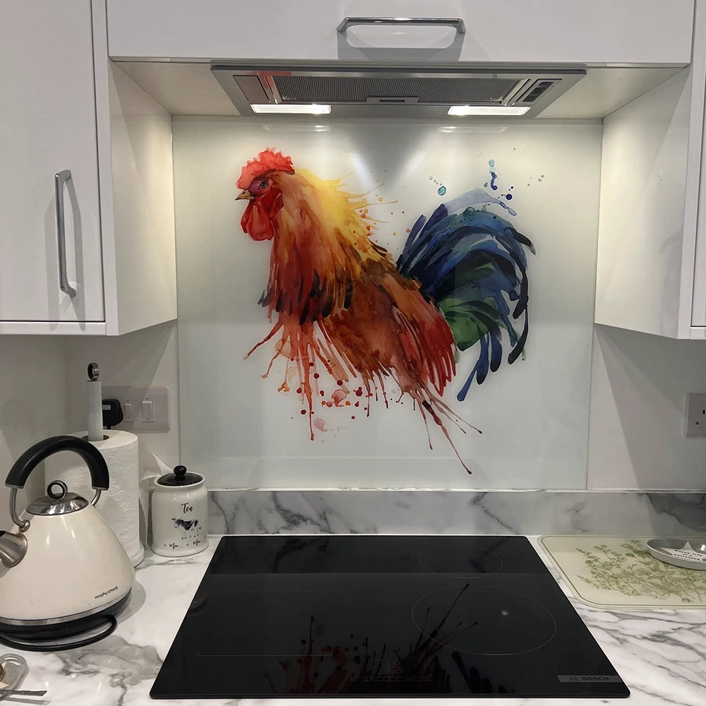 Kitchen with a colorful rooster design on a glass splashback